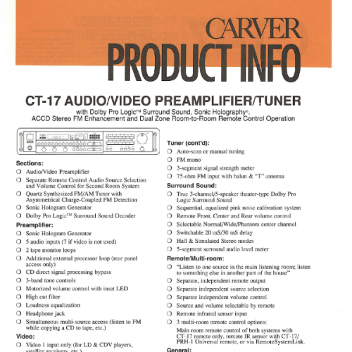 More information about "Carver Product Informantion Sheet - Ct-17 Audio.Video PreamplifierTuner.PDF"