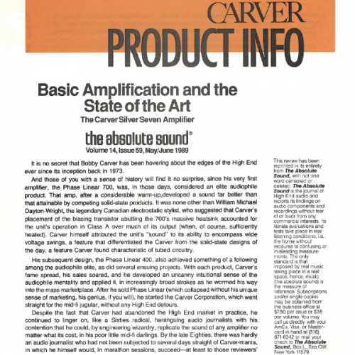 More information about "Carver Product Informantion Sheet - Basic Amplification and the State of the Art.PDF"