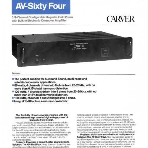 More information about "Carver Sales Flyer - AV-64 3-4 Channel Configurable Magnetic Field Amplifier with Electonic Crossover.PDF"